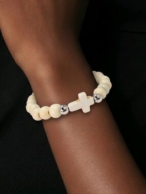 Ivory Cross Bead Bracelet Wood Beads Faith Bracelet Stretch Christian Jewelry